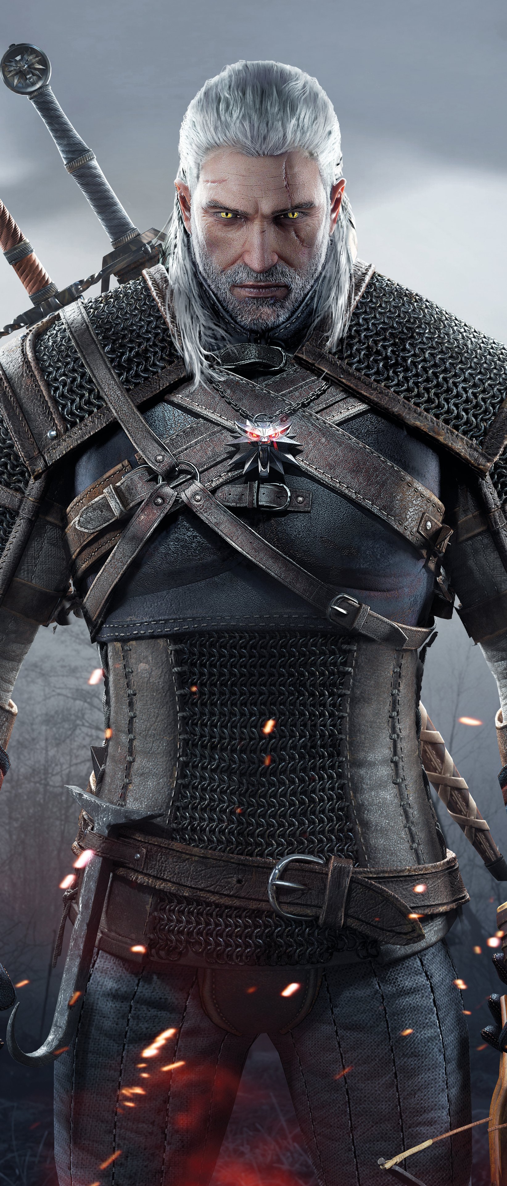 Geralt of Rivia from The Witcher 3: Wild Hunt stands ready in detailed armor, featuring swords crossed on his back, designed as a phone wallpaper for iPhone and Android.