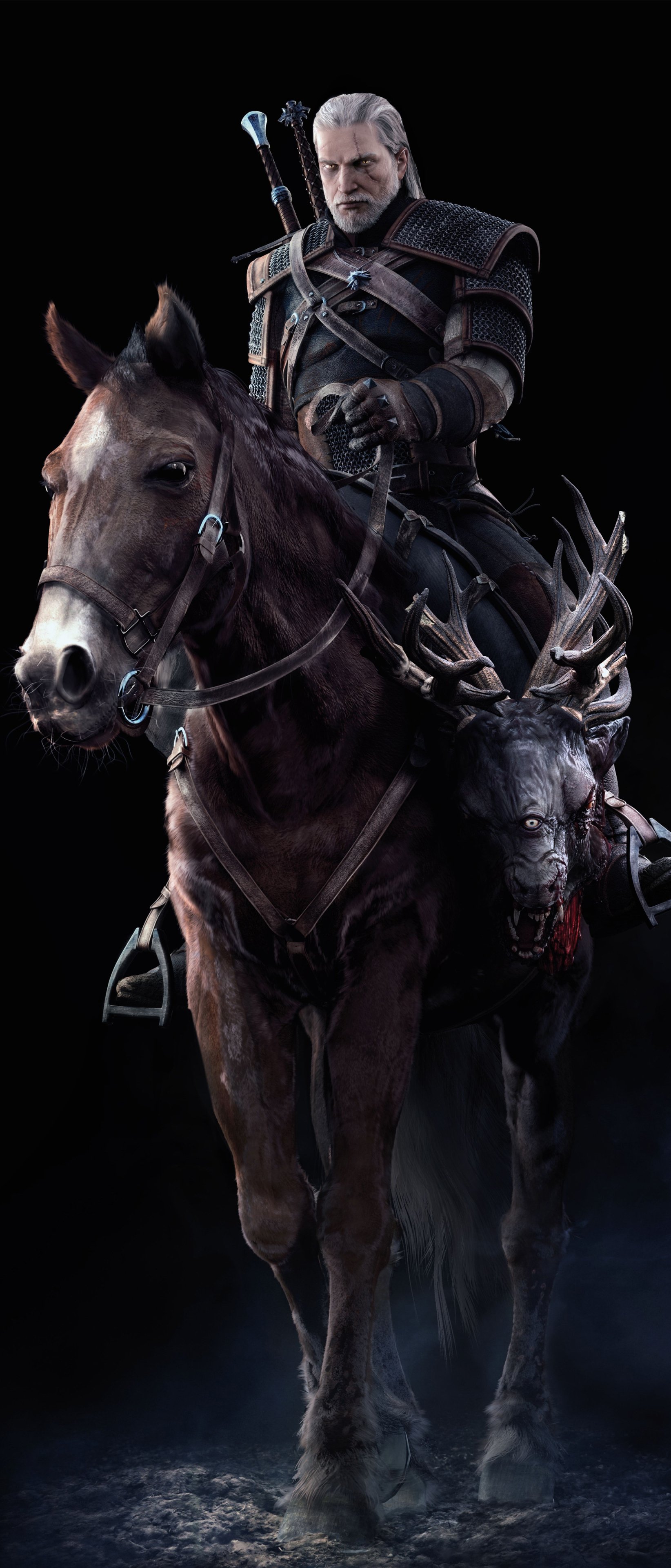 Phone wallpaper: Geralt of Rivia from The Witcher 3: Wild Hunt (video game), armored and armed with swords, riding a horse with a mounted stag head on a dark background.