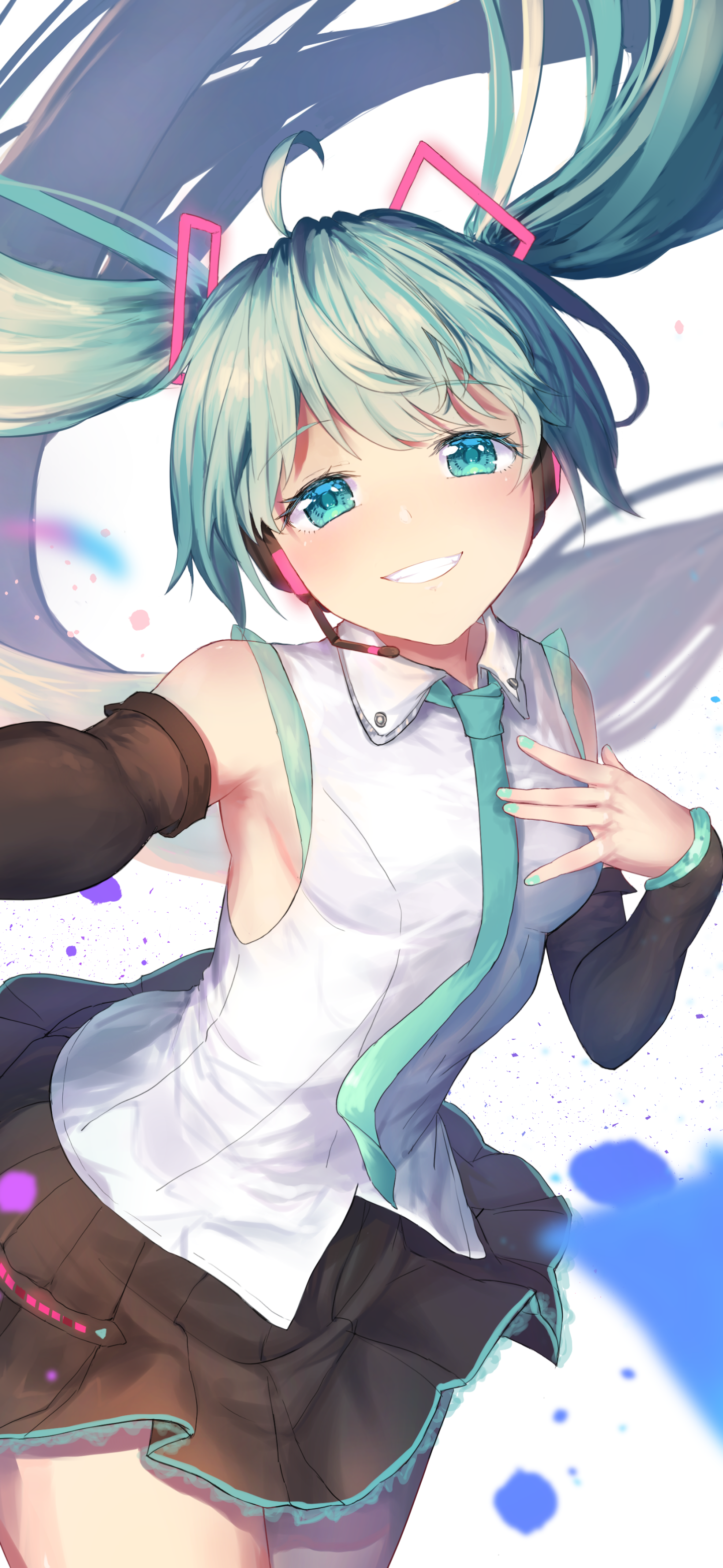 Anime-style phone wallpaper featuring Hatsune Miku from Vocaloid with her signature turquoise twin tails and futuristic outfit, designed for iPhone and Android displays.