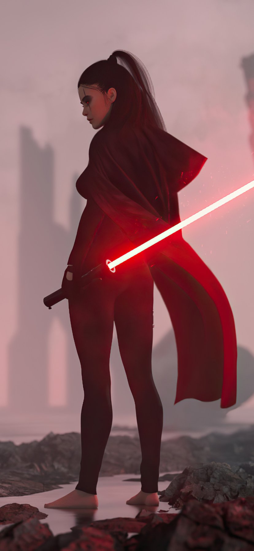 Phone wallpaper featuring a sci-fi Sith woman warrior from Star Wars, wielding a glowing red lightsaber against a misty cityscape backdrop, designed for iPhone and Android.