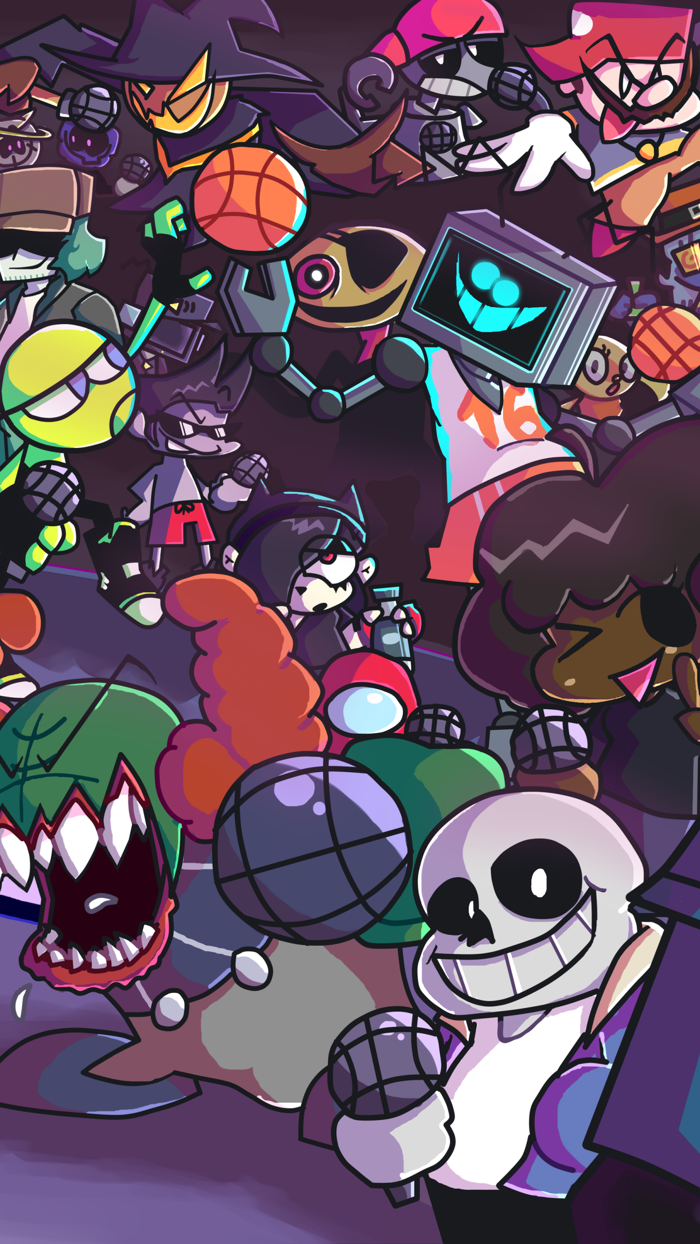 Colorful Friday Night Funkin' video game phone wallpaper showing a crowded collage of FNF characters holding microphones and striking energetic poses.