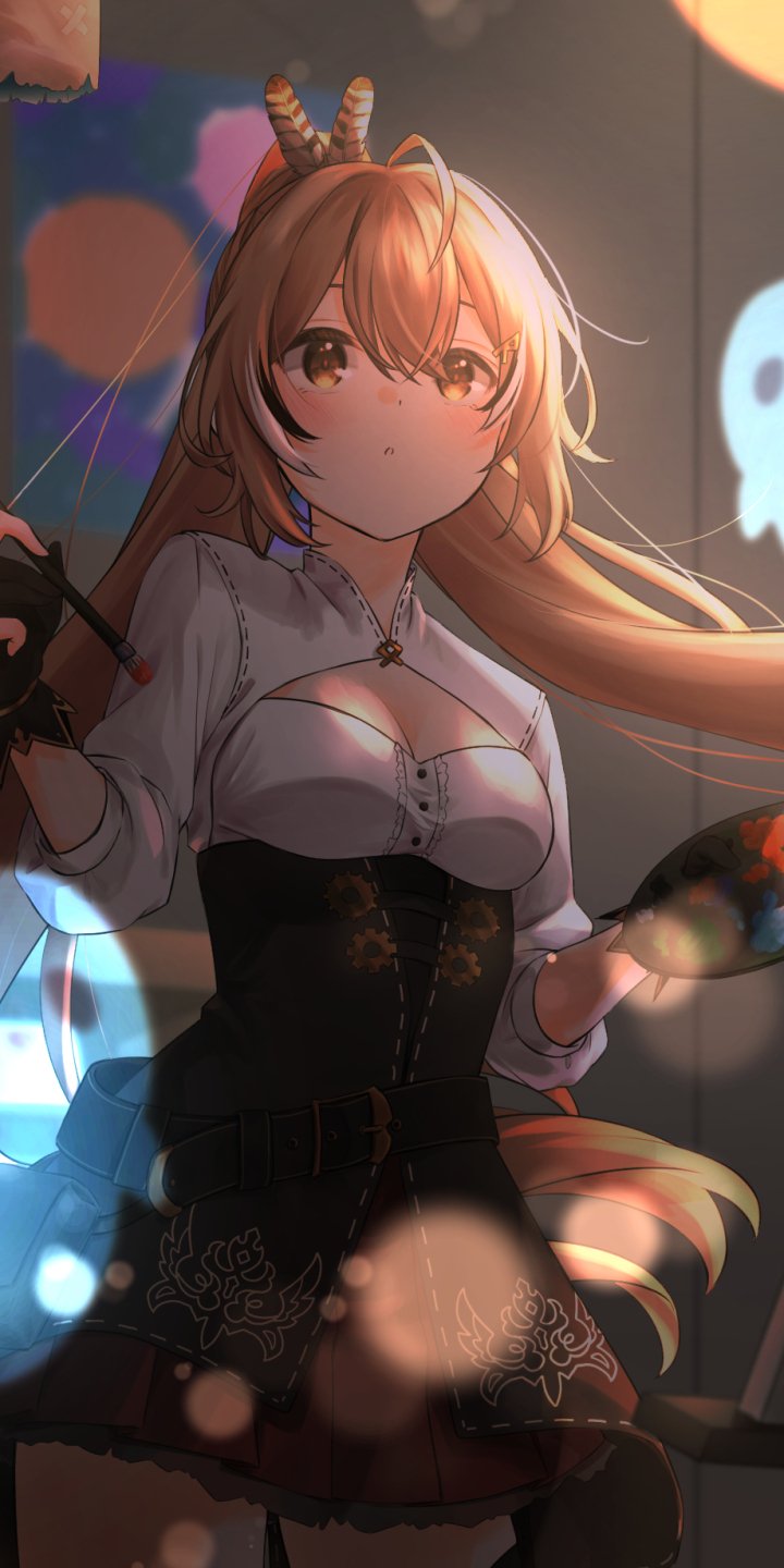 Phone wallpaper of hololive VTuber Nanashi Mumei — warm, soft-lit anime portrait: long hair, corseted outfit, holding a paintbrush, with glowing bokeh lights and ghost motifs.
