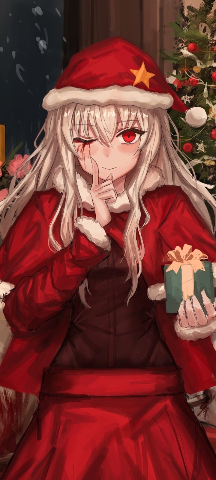 Download Santa Hat White Hair Christmas Red Eyes Anime Girl Anime Girl Anime Christmas Phone Wallpaper