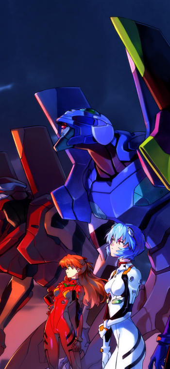 Phone wallpaper of Neon Genesis Evangelion anime showing Rei Ayanami and Asuka Langley Sohryu in plug suits standing before a towering EVA unit under dramatic blue-red lighting.