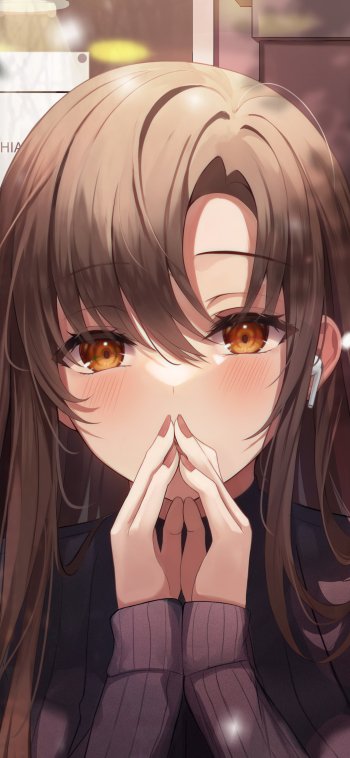 Anime girl phone wallpaper: close-up of a blushing brown-haired anime girl with amber eyes, hands near her face in warm, soft lighting.