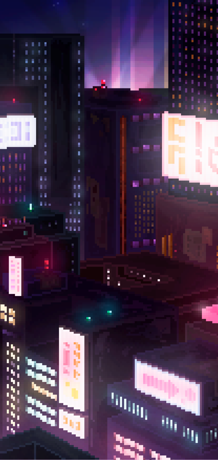 Artistic pixel art of a neon-lit cityscape at night, designed as a vibrant phone wallpaper for iPhone and Android devices.
