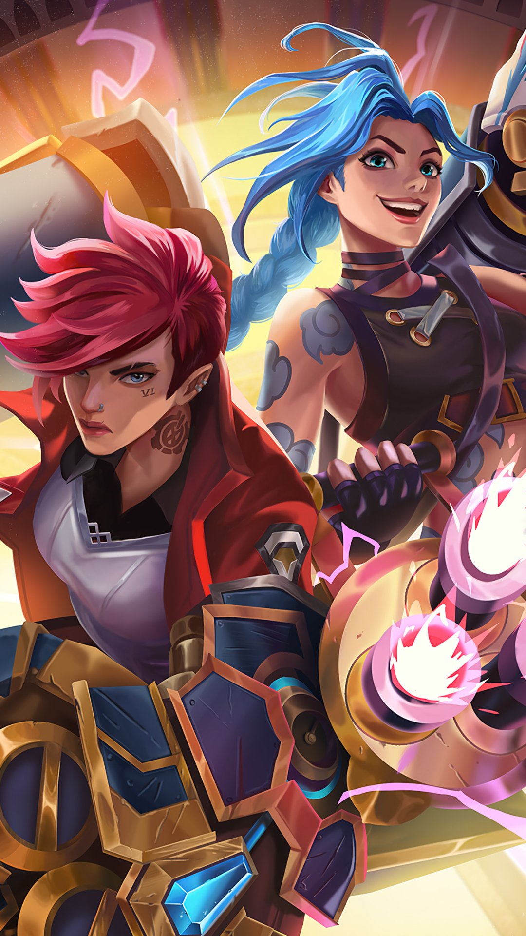 Phone wallpaper of Jinx and Vi from League of Legends and the TV show Arcane: Jinx with blue braids grinning, Vi with pink hair and gauntlets in a neon, action-packed pose.