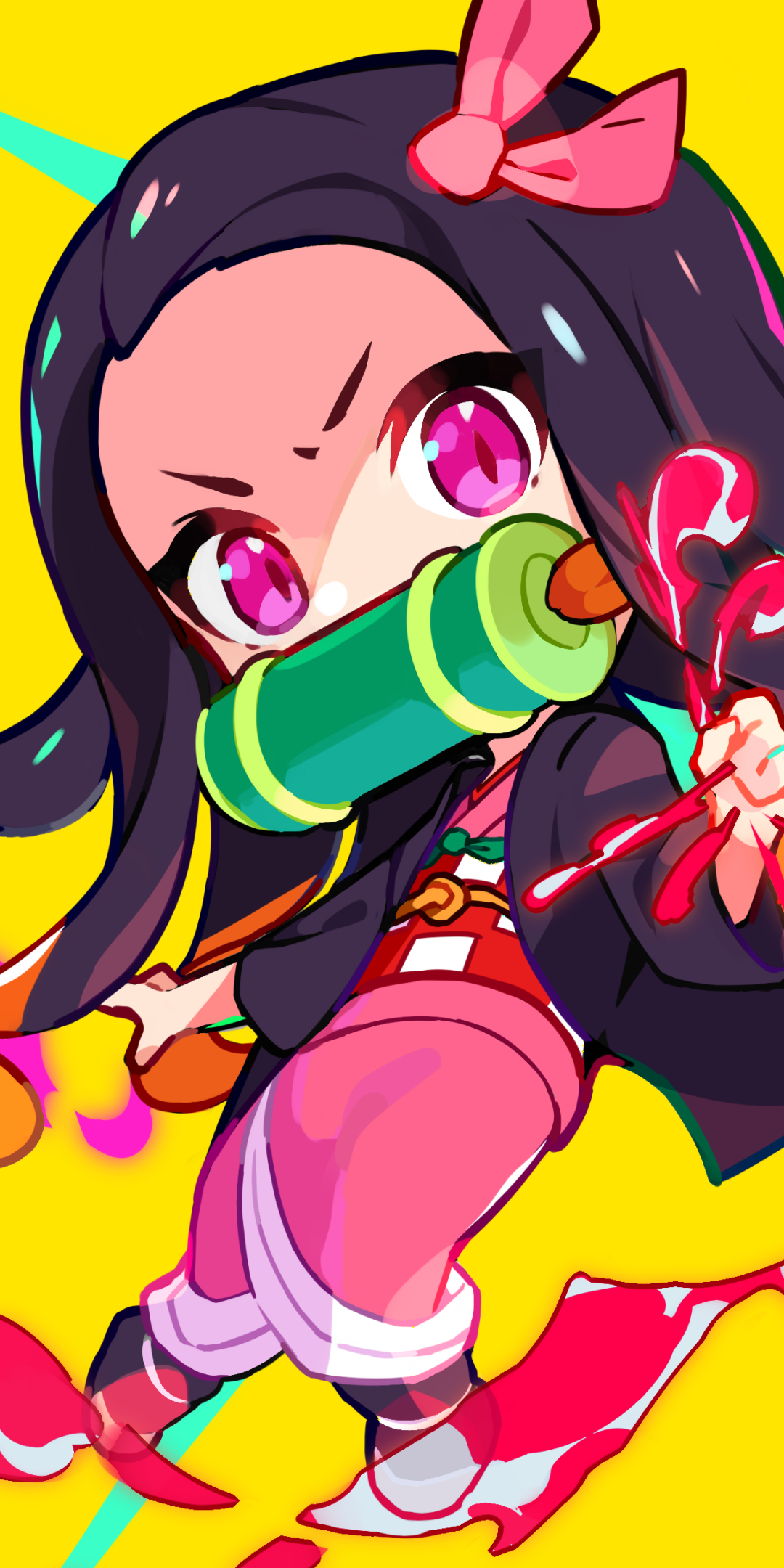 Chibi-style Nezuko Kamado from Demon Slayer: Kimetsu no Yaiba in vibrant colors, designed as a dynamic phone wallpaper for iPhone and Android devices.