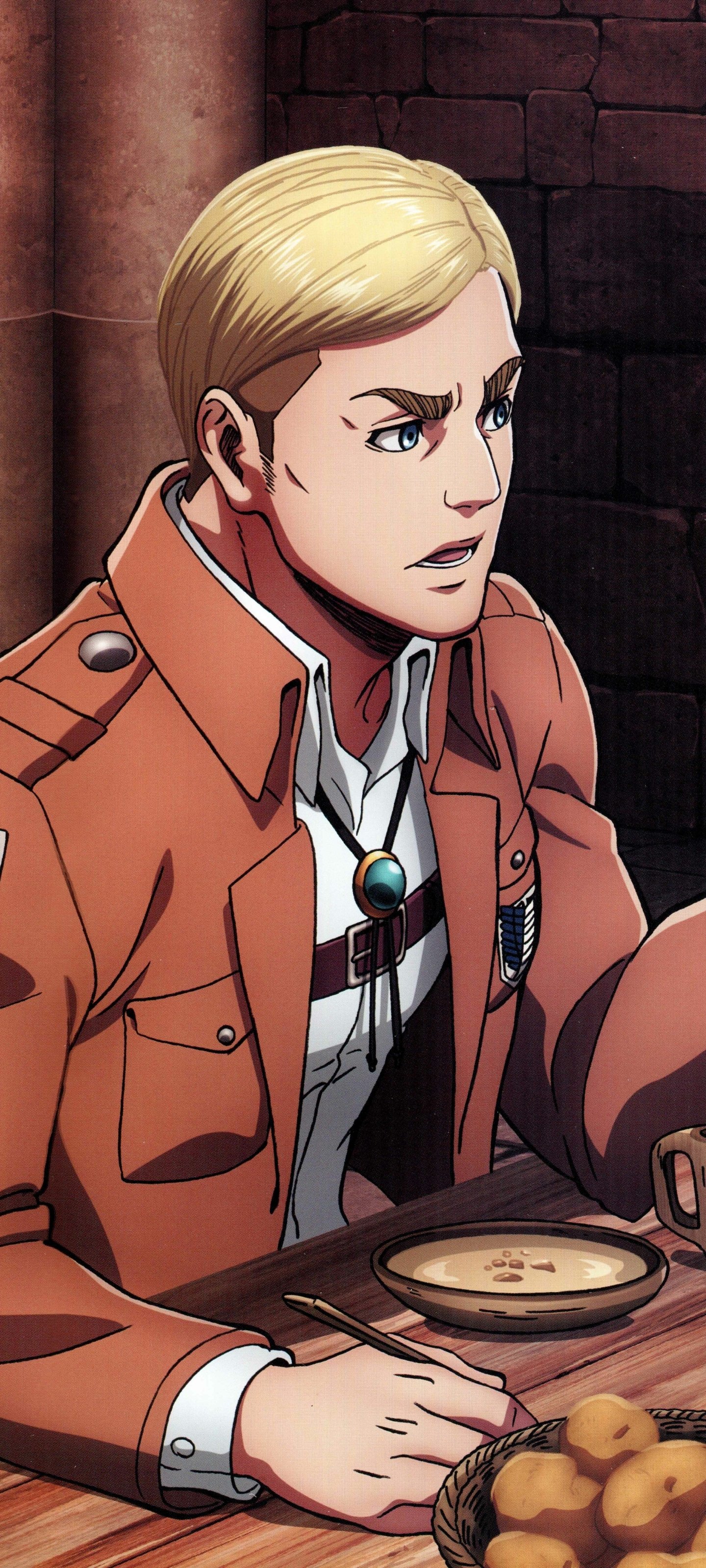 Anime Attack on Titan phone wallpaper: blond Scout Regiment officer in brown jacket at a table with determined expression, formatted for iPhones and Android phones.
