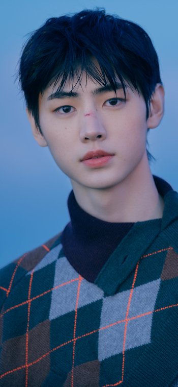 Phone wallpaper: close-up portrait of a young K-pop performer against a soft blue sky, neutral expression, plaid sweater — music fandom wallpaper.