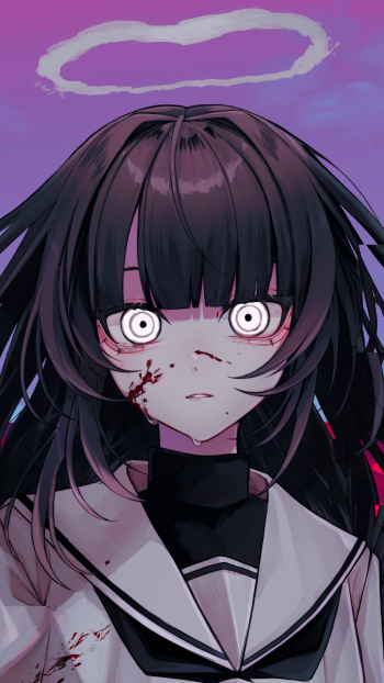 Anime girl with black hair and wide eyes, set against a purple sky with a halo, designed as a phone wallpaper for iPhone and Android devices.