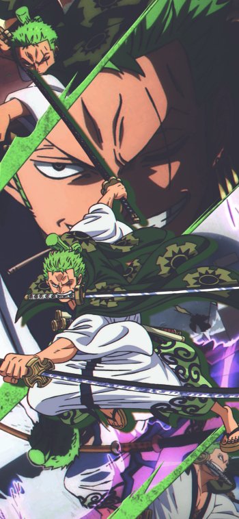 Phone wallpaper featuring Roronoa Zoro from the anime One Piece, showcasing dynamic sword poses and bold green hues for iPhone and Android screens.