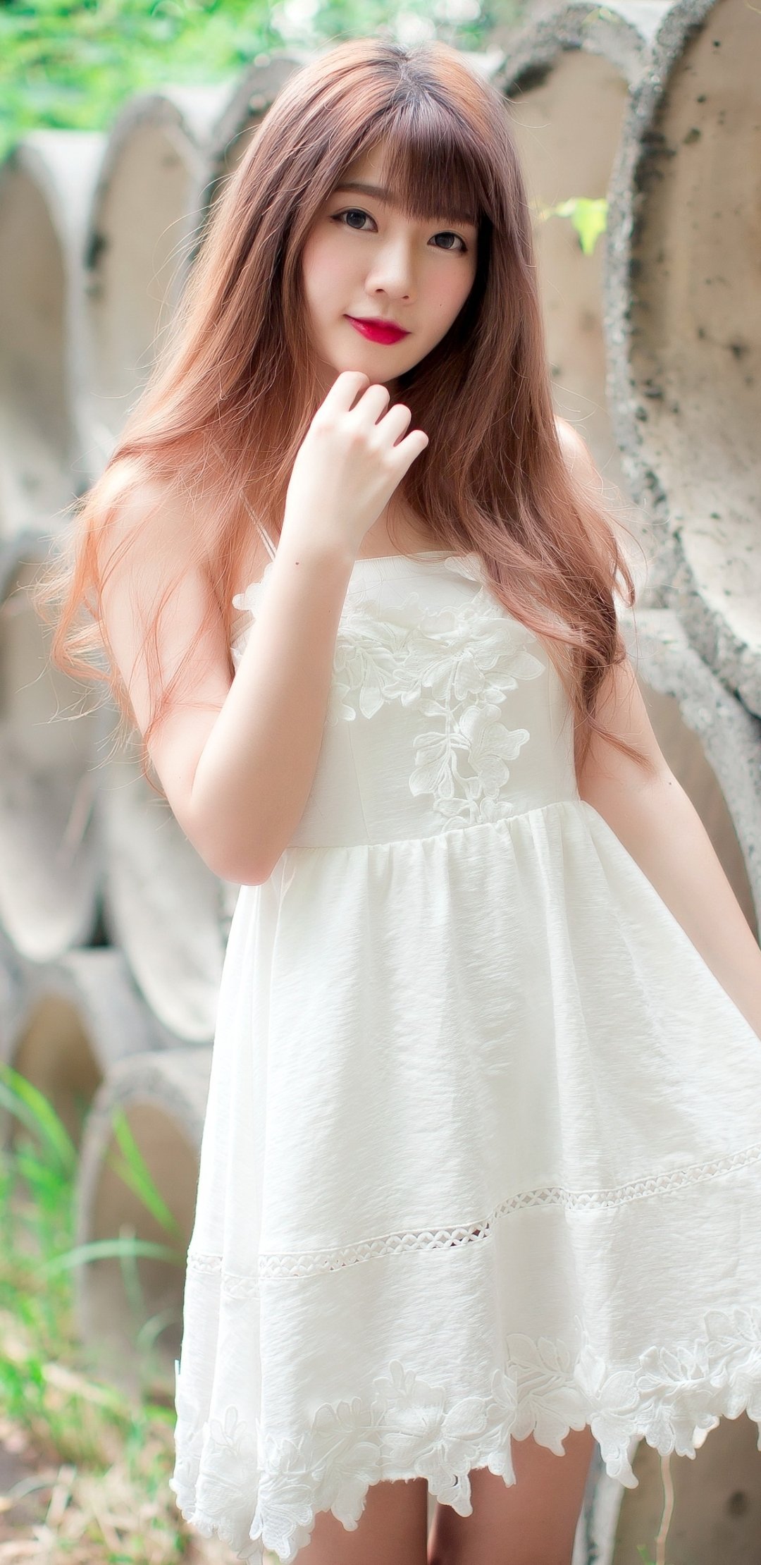 Download Brunette White Dress Woman Asian Phone Wallpaper