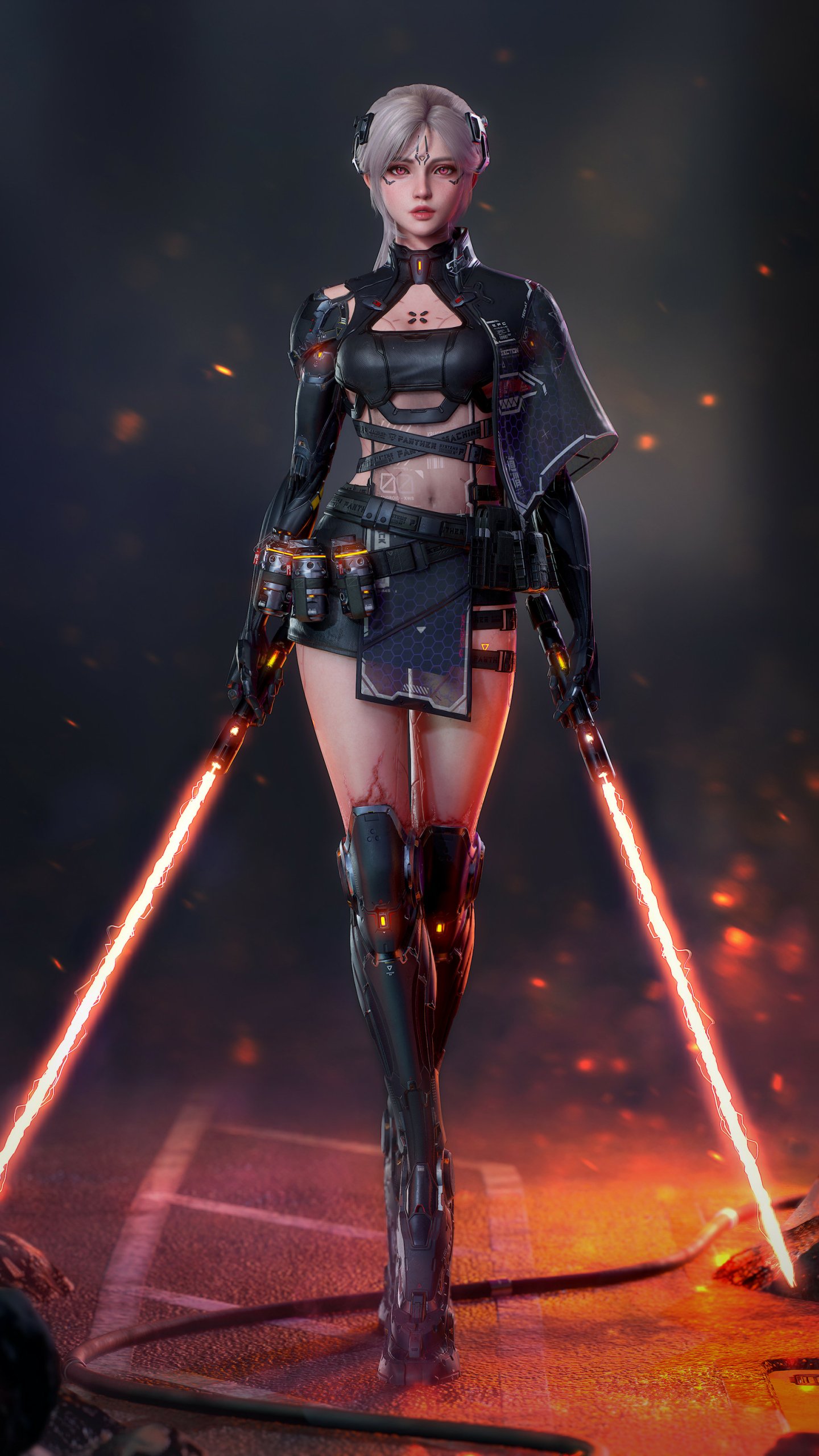 Phone wallpaper - short white-haired woman warrior in sci-fi armor strides forward, wielding twin red lightsabers against a smoky, ember-lit Star Wars backdrop.