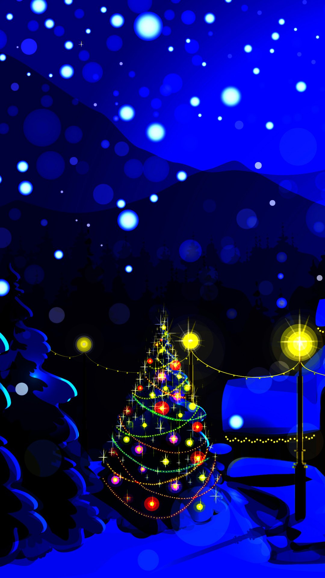 Phone wallpaper of a decorated Christmas tree lit with colorful holiday lights on a snowy blue night, lamppost and cabin nearby, silhouetted mountains in the background.