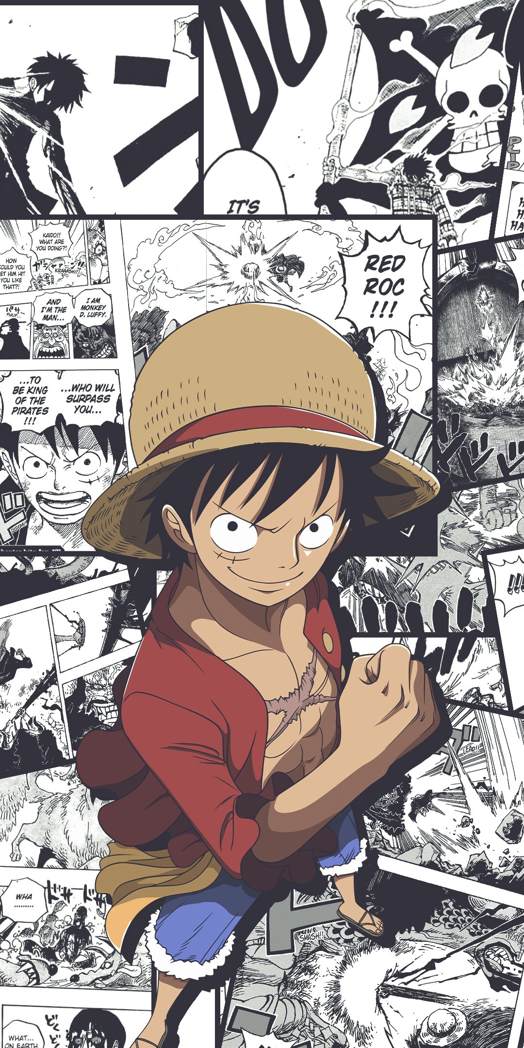 Phone wallpaper featuring Monkey D. Luffy from the anime One Piece, set against a dynamic black-and-white manga panel background, compatible with iPhones and Android devices.