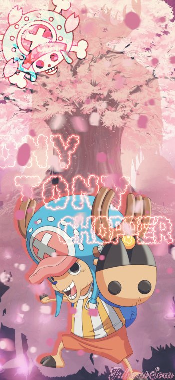 Phone wallpaper of Tony Tony Chopper from the One Piece anime: chibi Chopper with backpack beneath a blooming pink sakura tree, neon My Dear Chopper text and drifting petals in pastel tones.