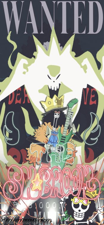 Phone wallpaper of Brook (One Piece) — the anime's skeletal musician wearing a crown, holding a green guitar beneath a ghostly white skull silhouette and large WANTED text.