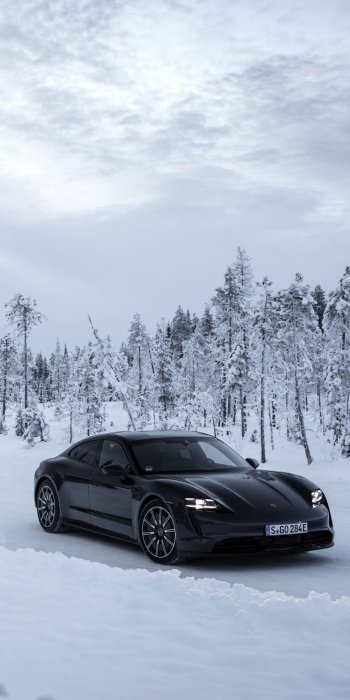 black car snow winter Porsche vehicle Porsche Taycan 4S Phone Wallpaper