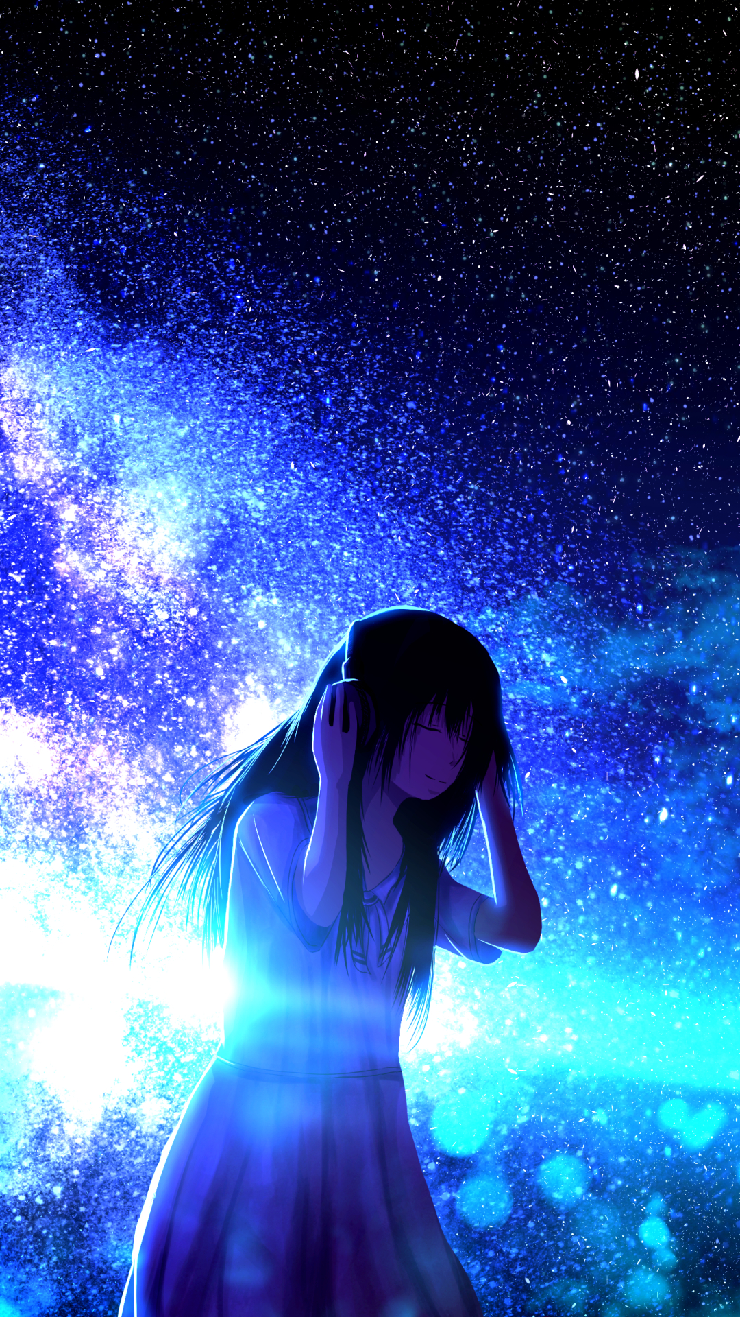 Girl listening to music on beautiful starry night by クメキ - Mobile Abyss