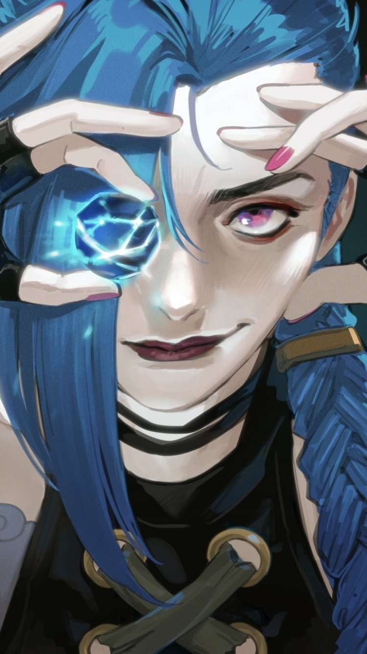 Phone wallpaper of Jinx from League of Legends' Arcane TV series — close-up of her blue hair and braids, manic smile, and a glowing hextech orb held over one eye.