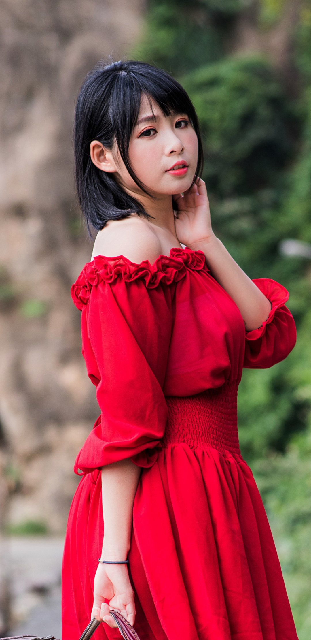 Download Red Dress Black Hair Woman Asian Phone Wallpaper