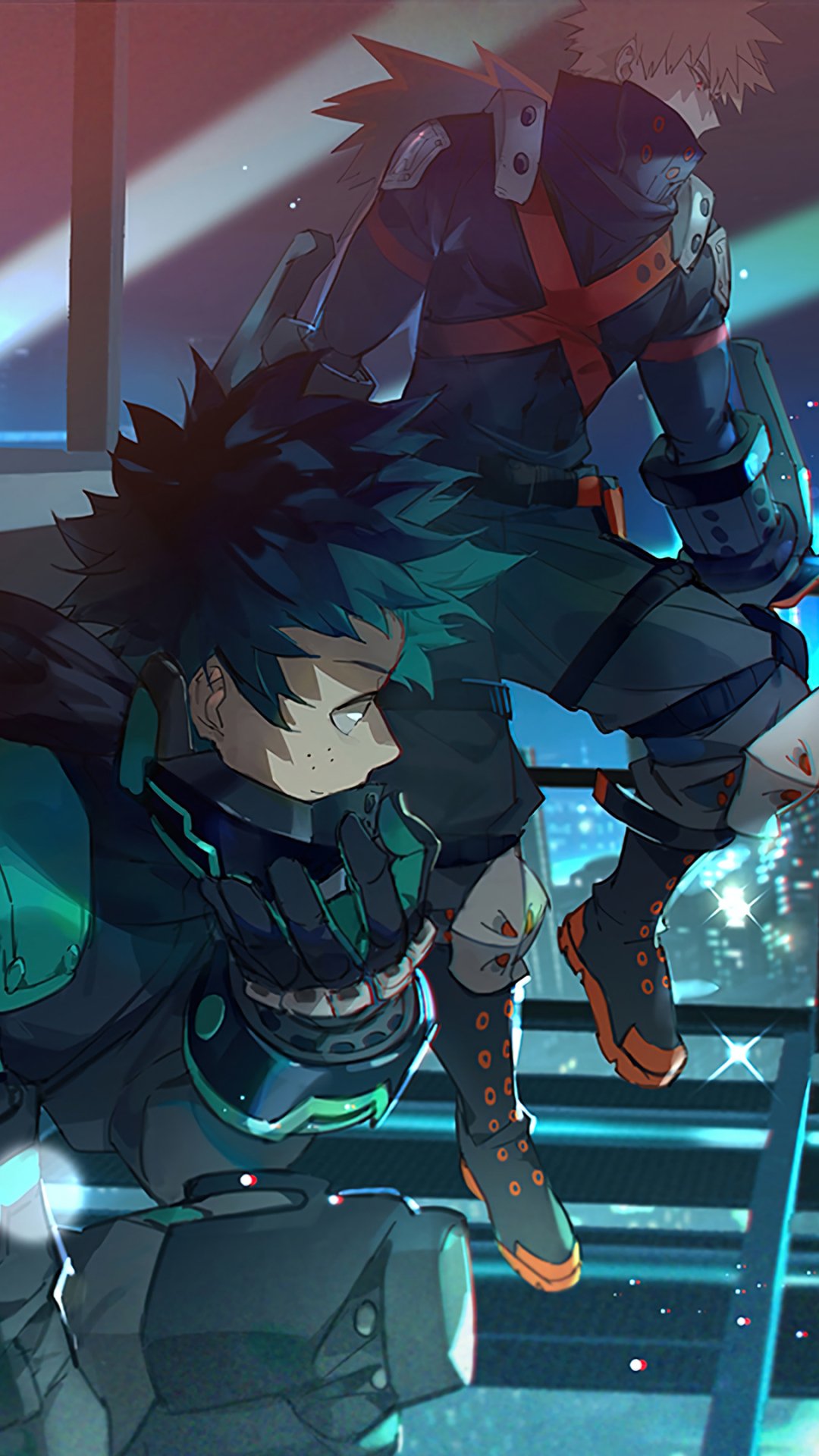 Phone wallpaper of Izuku Midoriya and Katsuki Bakugou (My Hero Academia) on a rooftop at night, striking dynamic poses with neon city lights below.