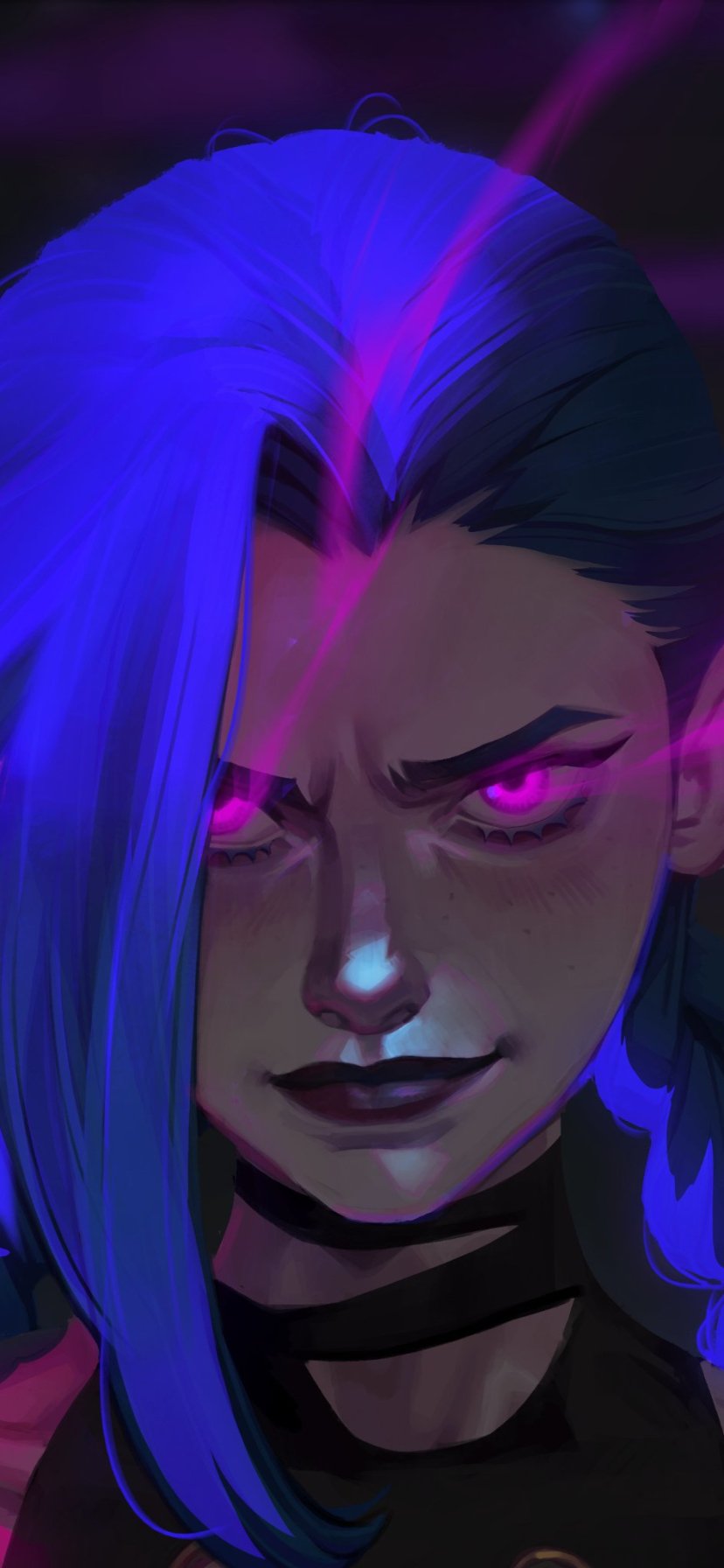 Phone wallpaper featuring a close-up of Jinx from the Arcane TV show, inspired by League of Legends, with glowing pink eyes and vibrant blue hair.