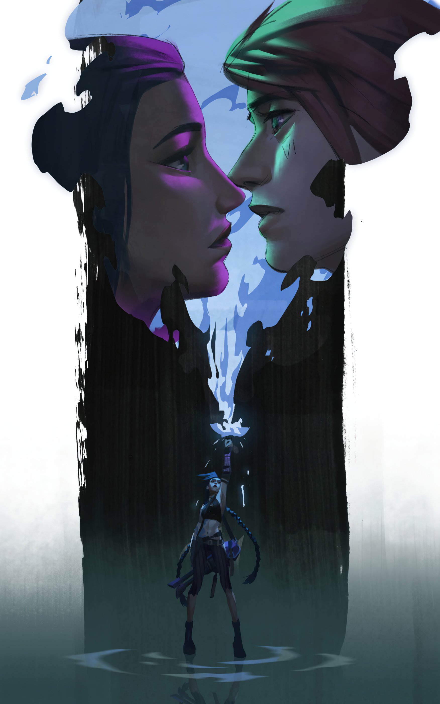 Phone wallpaper featuring Caitlyn and Vi from League of Legends’ Arcane, with Jinx appearing in the background, designed for iPhone and Android screens.