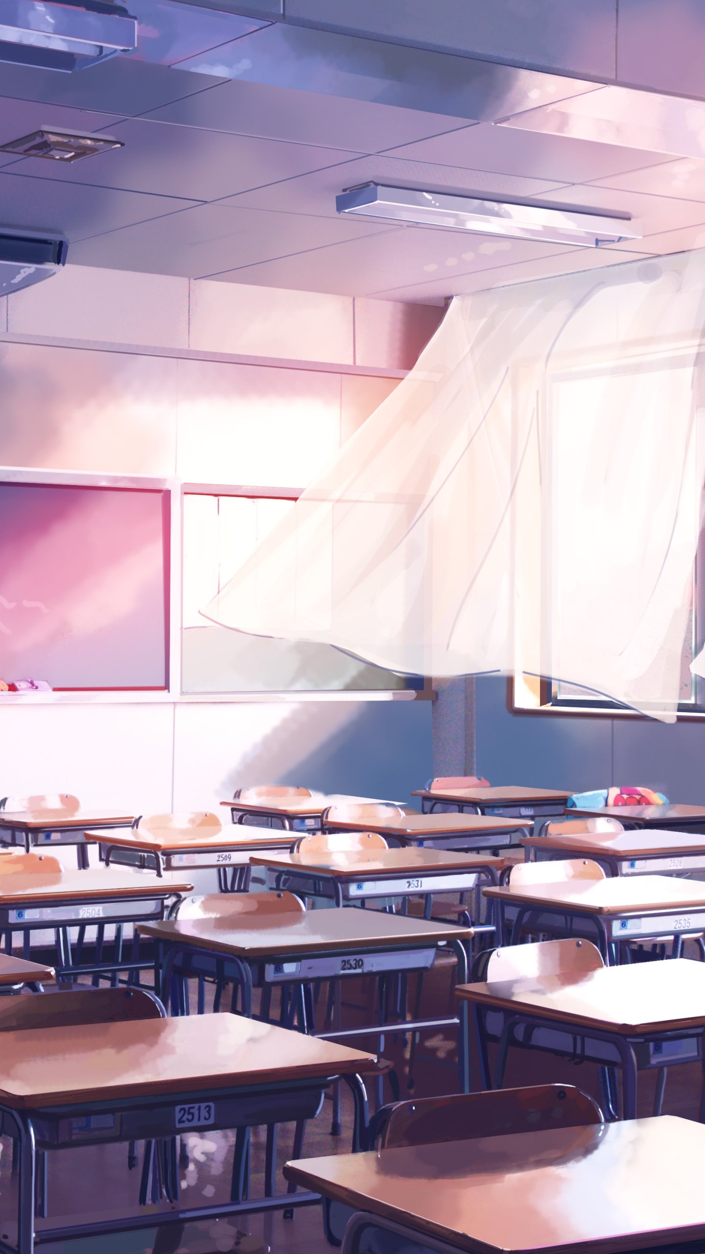 Anime-style school classroom with sunlight streaming through flowing curtains, designed as a phone wallpaper for iPhones and Android devices.
