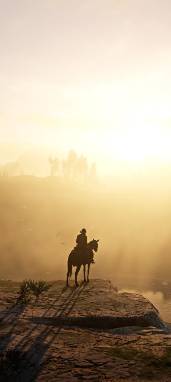 Silhouetted rider on horseback overlooking a misty, sunlit landscape from Red Dead Redemption 2, designed as a vertical phone wallpaper for iPhone and Android.