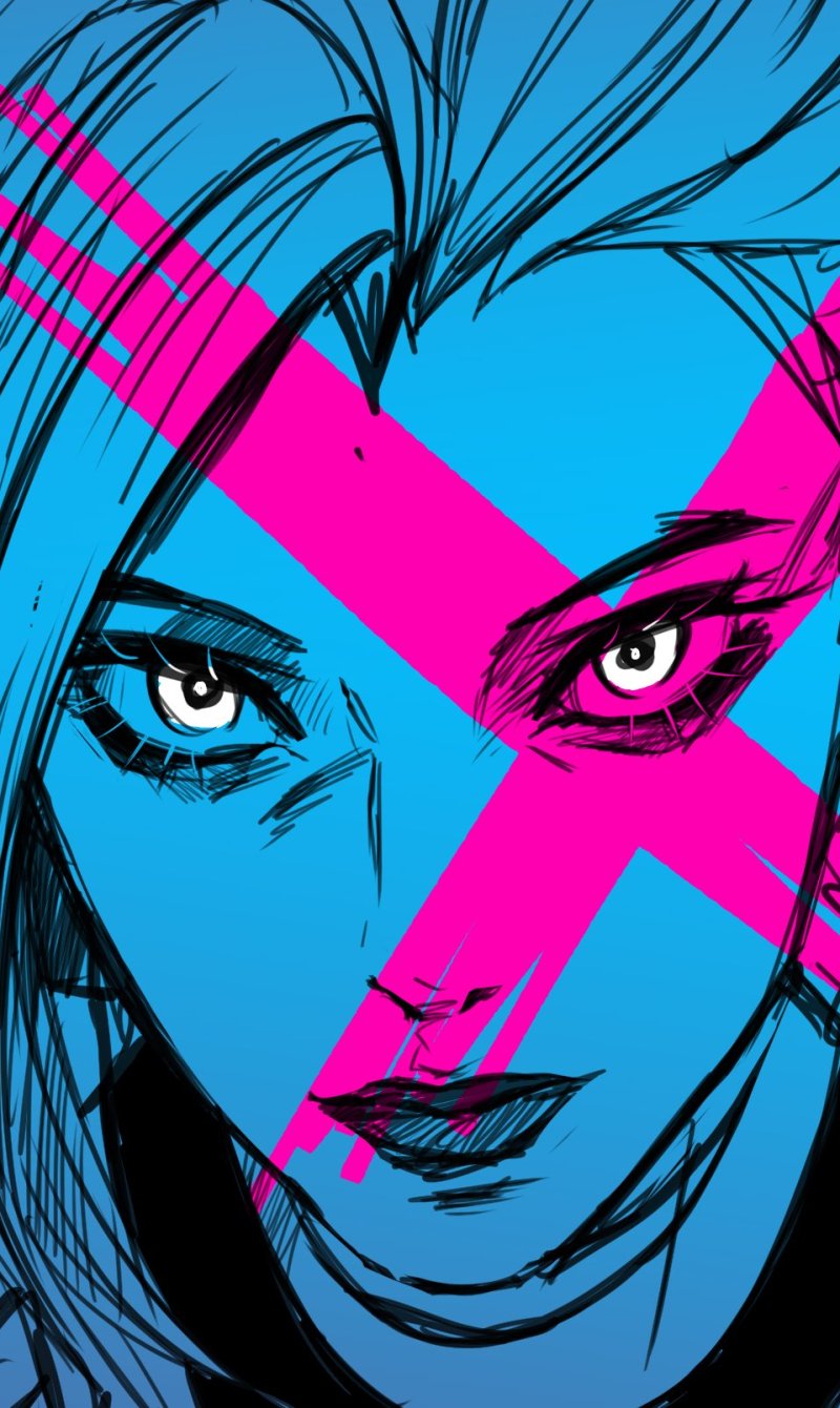 Phone wallpaper featuring a bold, stylized close-up of Jinx from the Arcane TV show, inspired by League of Legends, with vibrant blue and pink colors.