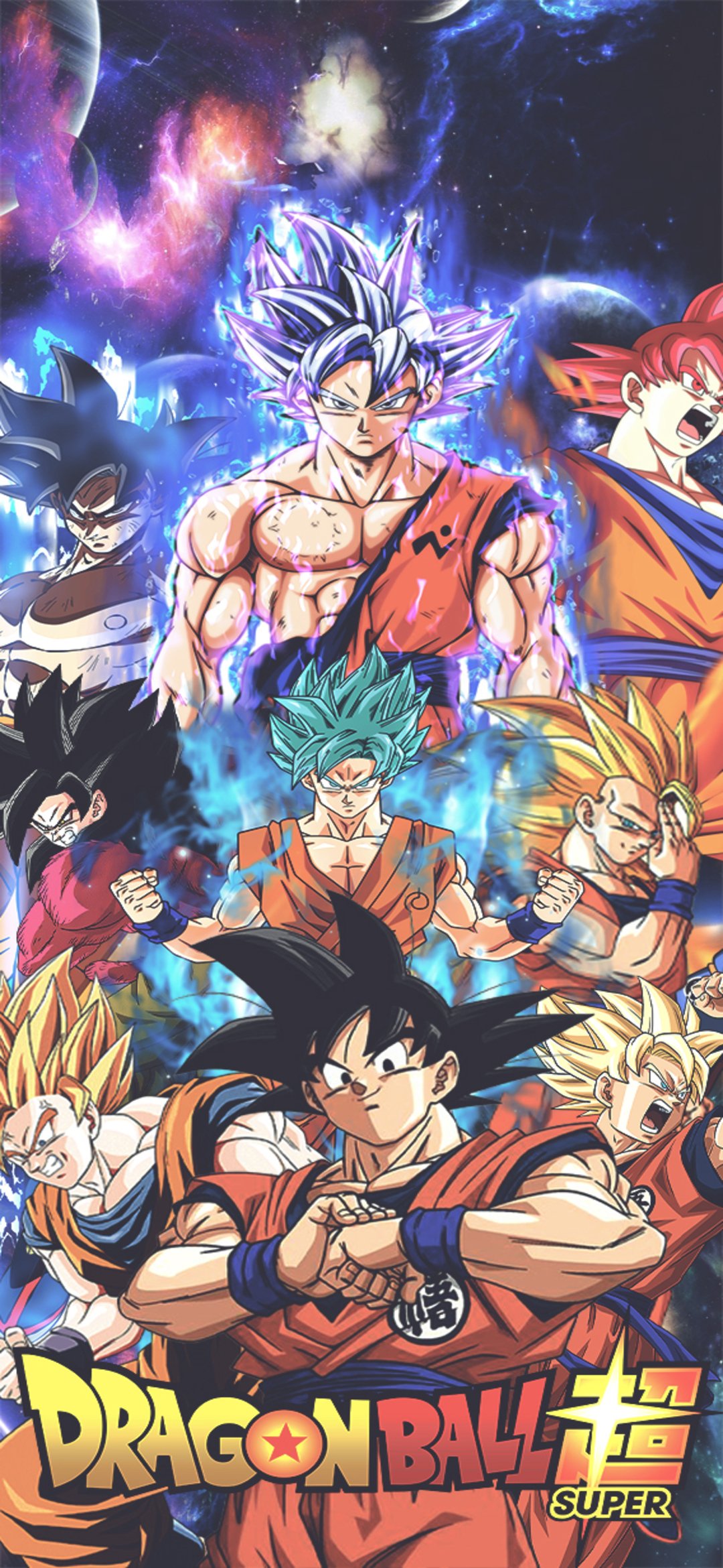 Phone wallpaper featuring Goku from the anime Dragon Ball Super, depicting multiple forms—base, Super Saiyan, Super Saiyan Blue and Ultra Instinct—surrounded by vibrant cosmic energy.