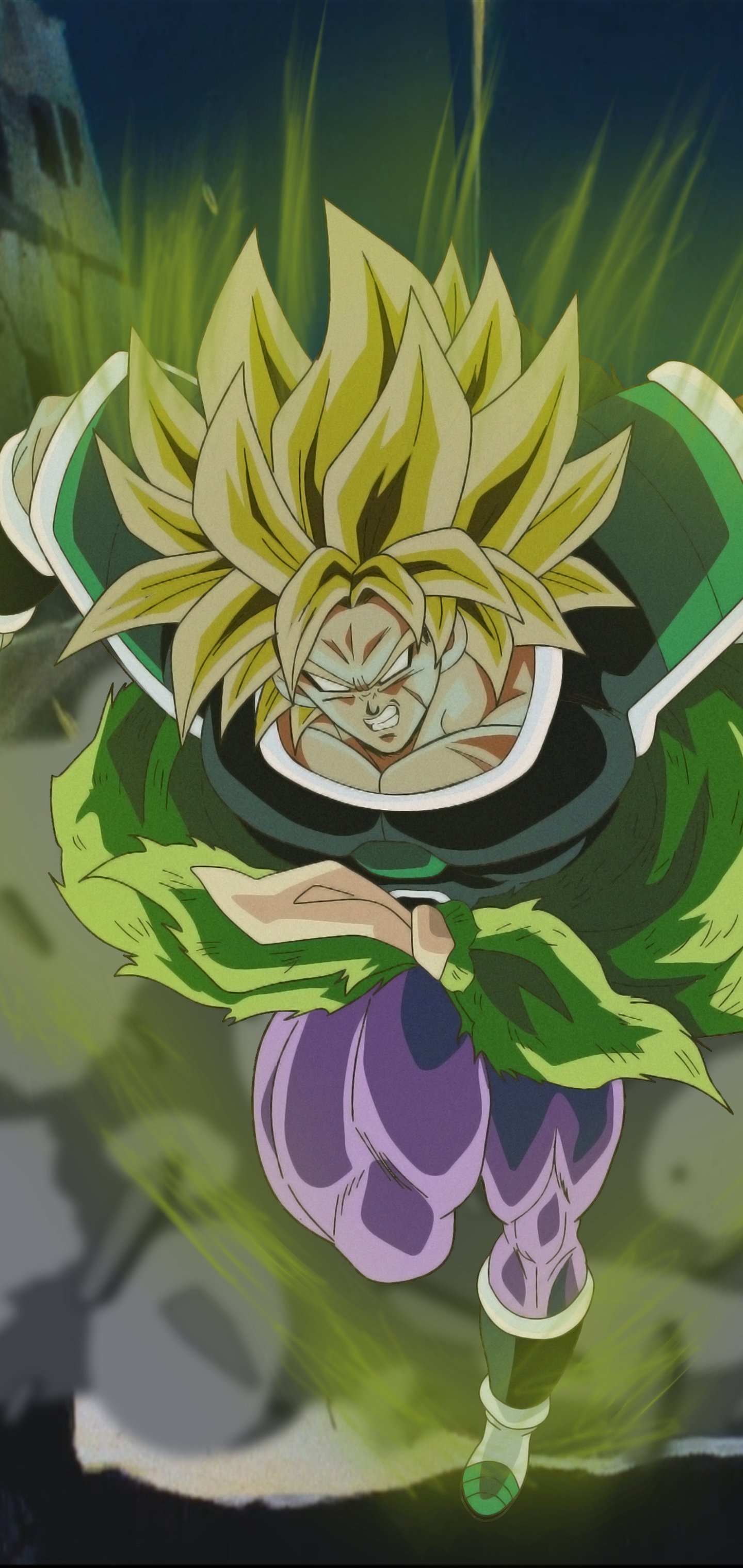 Phone wallpaper of Super Saiyan Broly (Broly — Dragon Ball, from Dragon Ball Super: Broly), anime, lunging forward with golden hair and a vivid green energy aura.