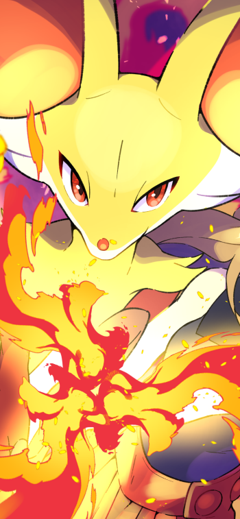 Phone wallpaper of Delphox (Pokémon) in anime style, lunging forward with fierce eyes as roaring orange and yellow flames swirl from its staff in a dynamic, action-packed composition.