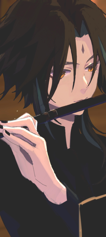 Phone wallpaper of Xiao from the video game Genshin Impact — close-up of him playing a flute, dark hair, golden eyes, faint forehead mark, warm moody tones.