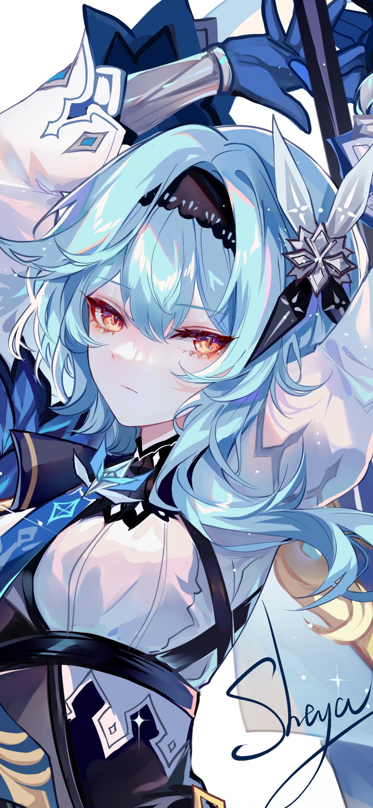 Phone wallpaper featuring Eula from the video game Genshin Impact, designed to fit iPhone and Android screens with vibrant anime-style artwork.