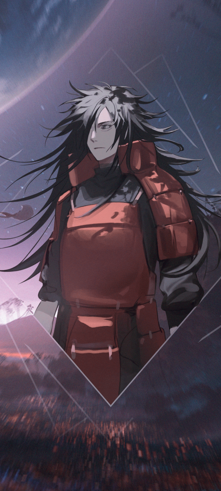 Madara Uchiha from Naruto stands against a moody, cosmic background in this anime phone wallpaper designed for iPhones and Android devices.