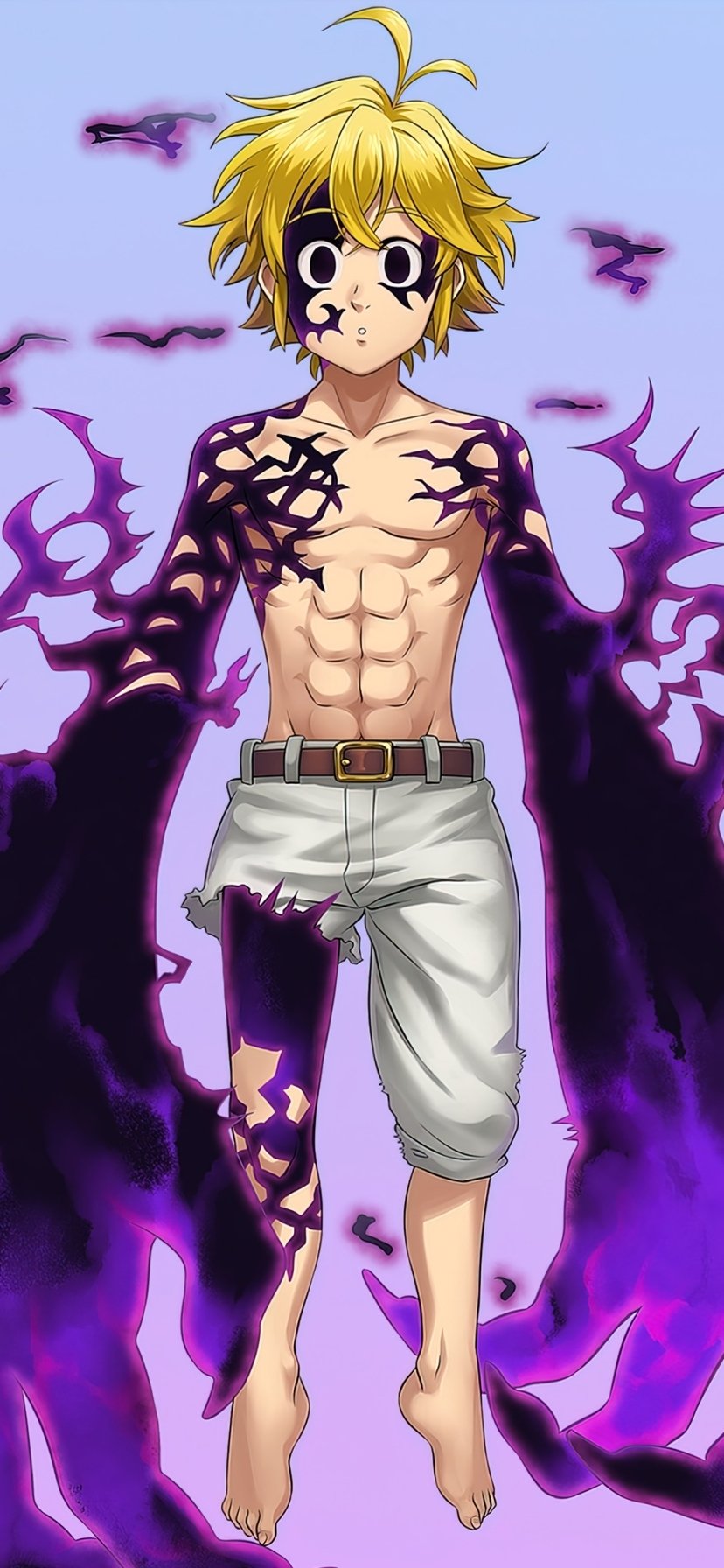 Phone wallpaper of Meliodas from The Seven Deadly Sins anime, featuring his dark energy aura and muscular form, designed for both iPhone and Android displays.