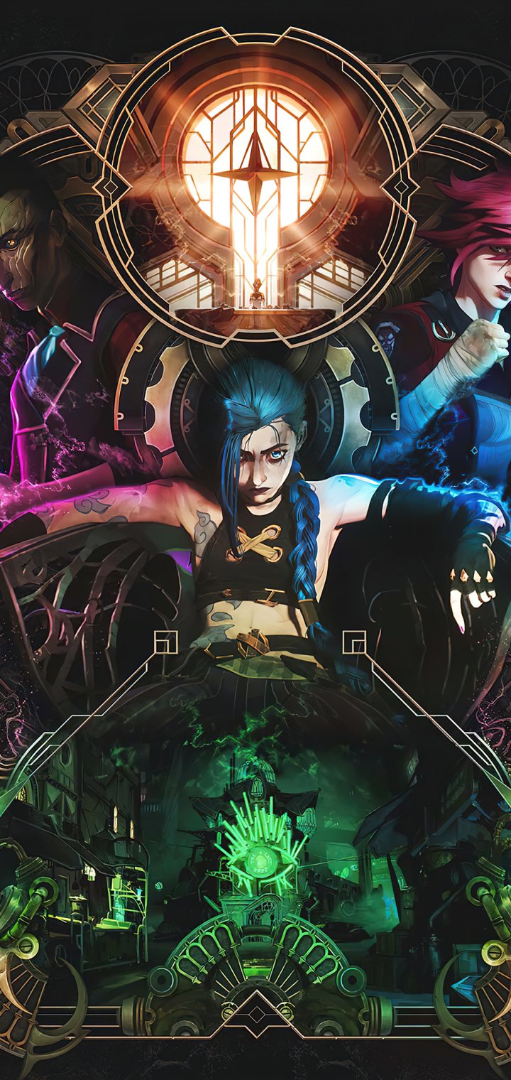 Phone wallpaper featuring Jinx from League of Legends and the TV show Arcane, with a dynamic, dark, and vibrant steampunk-inspired design for iPhones and Android devices.