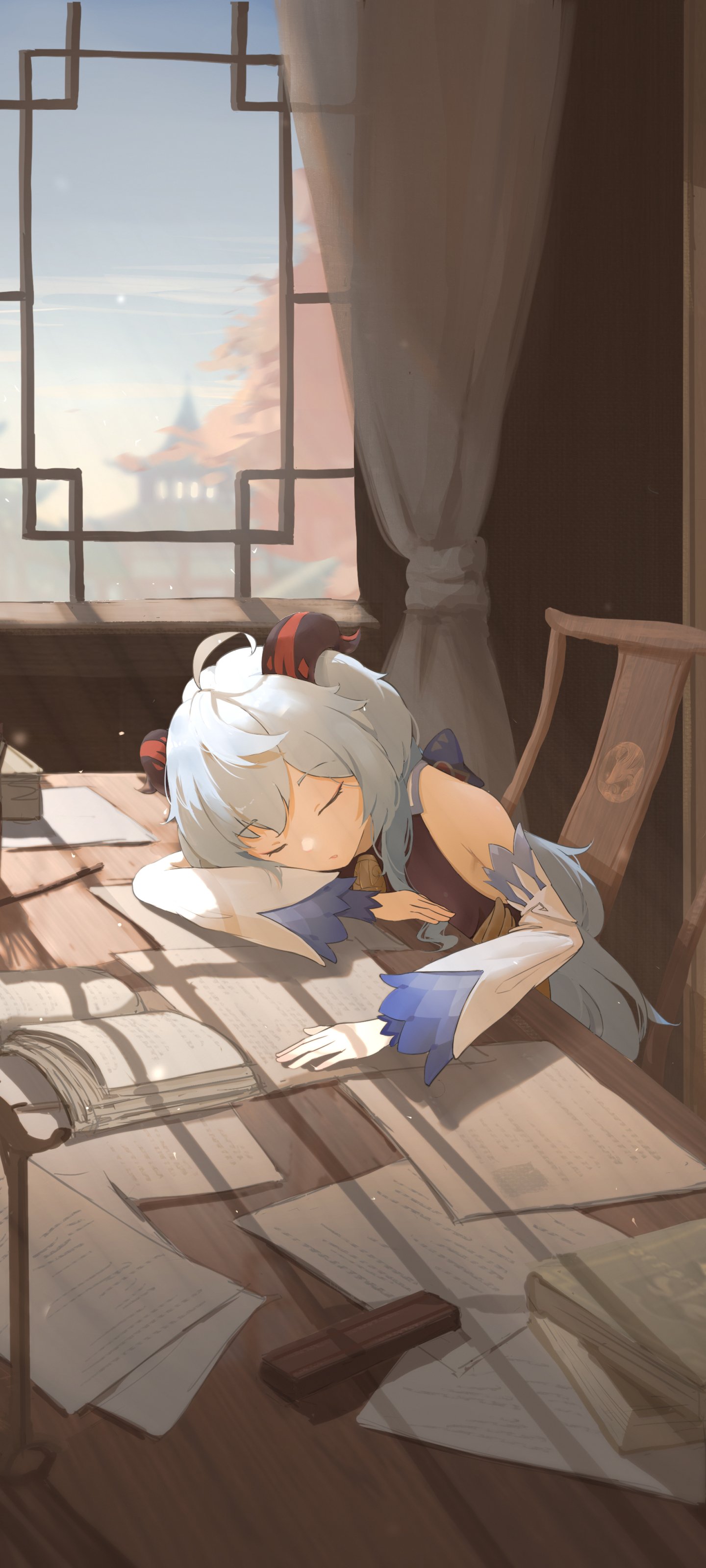 Phone wallpaper of Ganyu from Genshin Impact: the video game character sleeping on a sunlit desk by a window with scrolls and soft curtains, a distant pagoda outside.