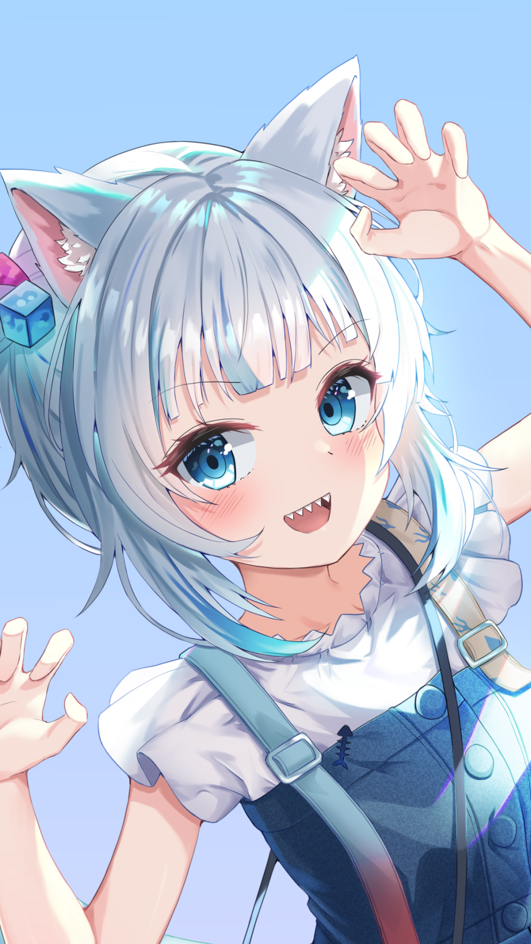 Phone wallpaper of hololive VTuber Gawr Gura — anime-style blue-haired girl with cat-like ears, bright blue eyes and a playful grin reaching toward the viewer.