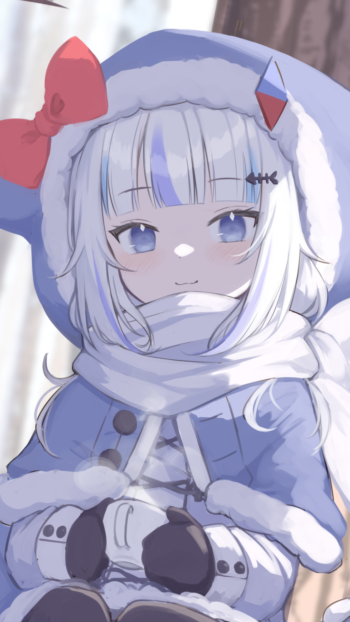 Phone wallpaper featuring Gawr Gura from hololive as an anime-style Virtual YouTuber, dressed warmly with a scarf and coat, designed for iPhone and Android screens.
