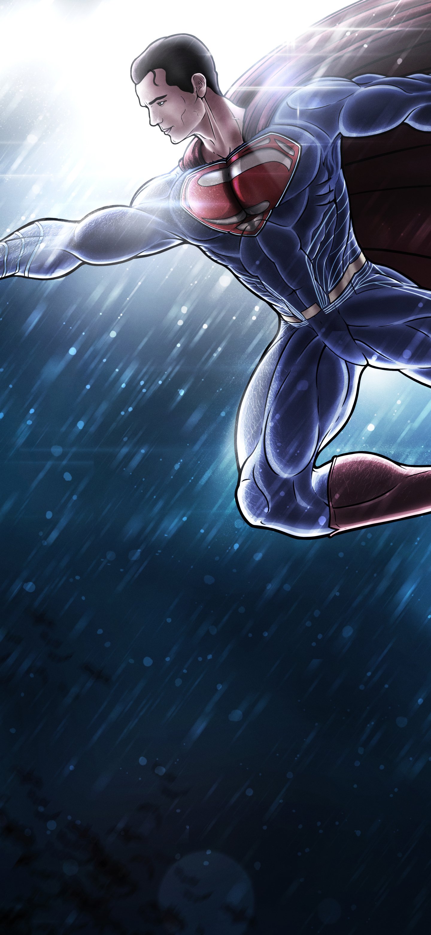 DC Comics comic-style phone wallpaper of Superman soaring through rain, cape streaming and red emblem glowing against stormy light.