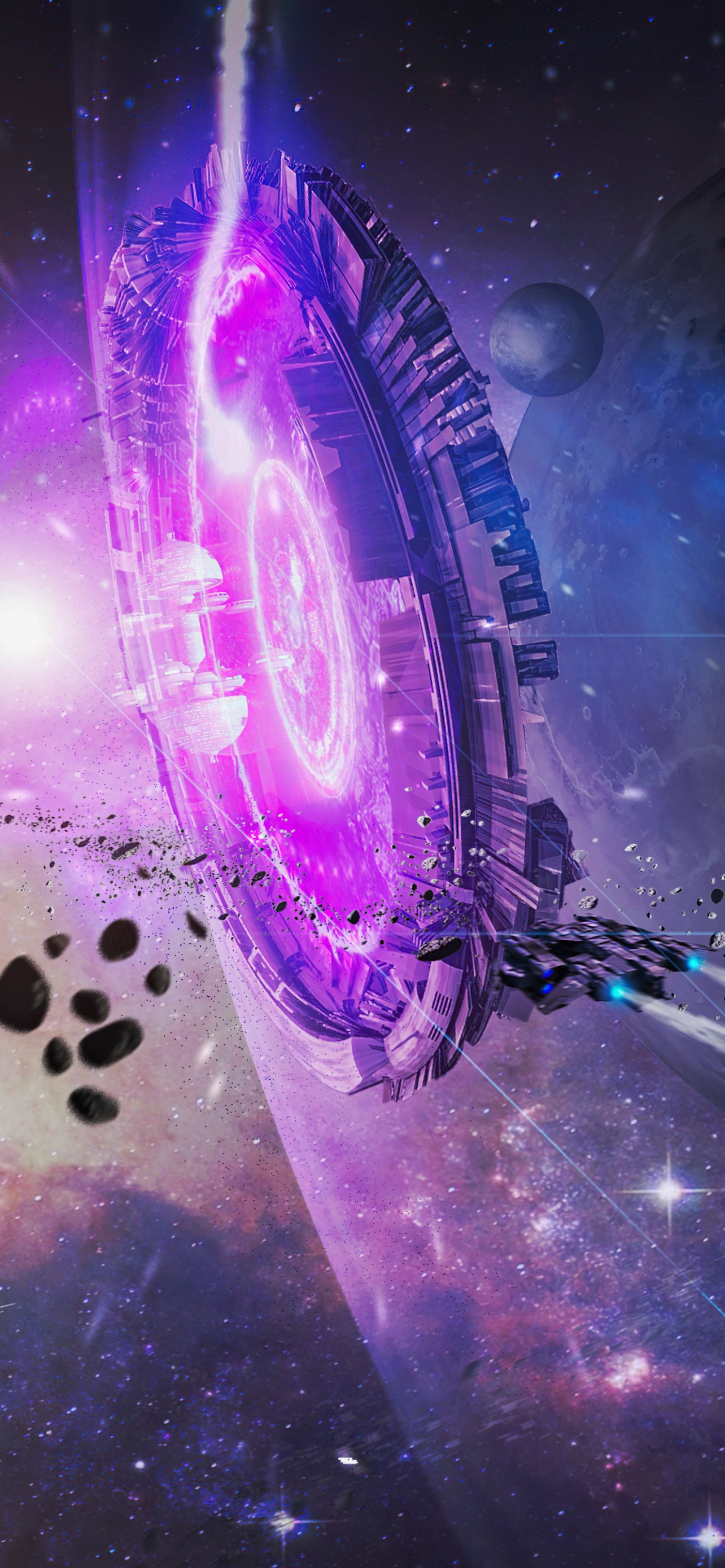 Vertical phone wallpaper showing a Sci Fi spaceship ring generating a purple energy portal over a planet, surrounded by asteroids and a starfield in deep space.