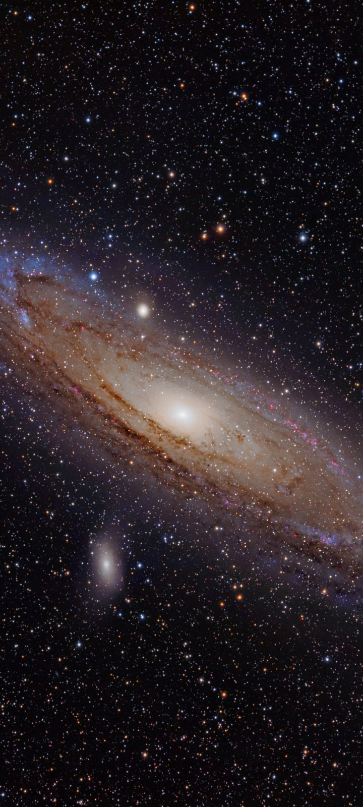 Sci-Fi galaxy phone wallpaper: a sweeping spiral galaxy with a luminous core, dark dust lanes and countless stars scattered across deep, inky space.