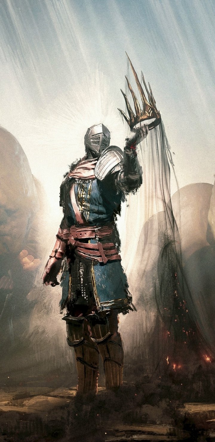 Dark Souls-themed phone wallpaper featuring a knight in armor holding a glowing crown, designed for both iPhone and Android devices.