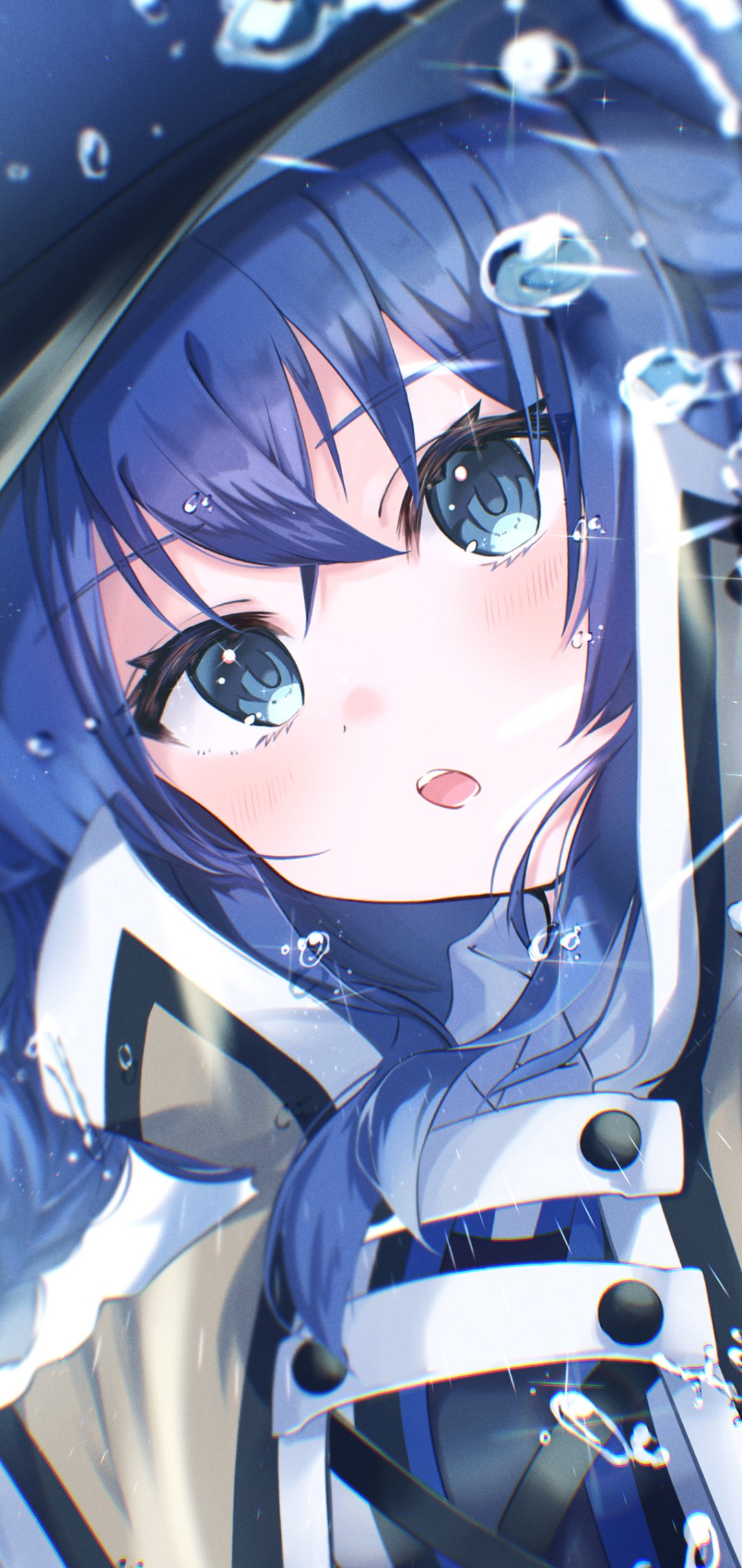 Phone wallpaper close-up of Roxy Migurdia from Mushoku Tensei: Jobless Reincarnation — blue-haired, blue-eyed mage in a hooded cloak with water droplets.