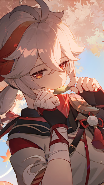 Phone wallpaper (iPhone & Android) featuring Kaedehara Kazuha from the Genshin Impact video game — close-up portrait in warm autumn light, Kazuha holding a leaf.