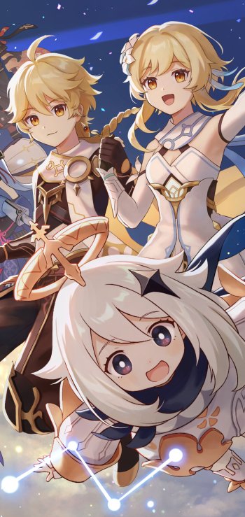 Phone wallpaper of Genshin Impact video game characters: Paimon floating in front, twins Lumine and Aether smiling and posing against a starry, magical backdrop.